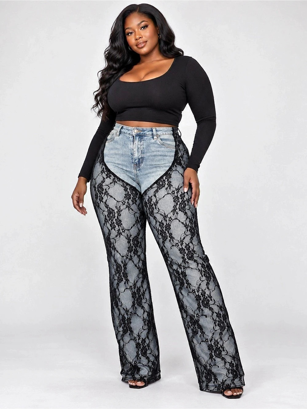 Sexy Lace Chap Denim Wide Leg Jeans in Black & Blue